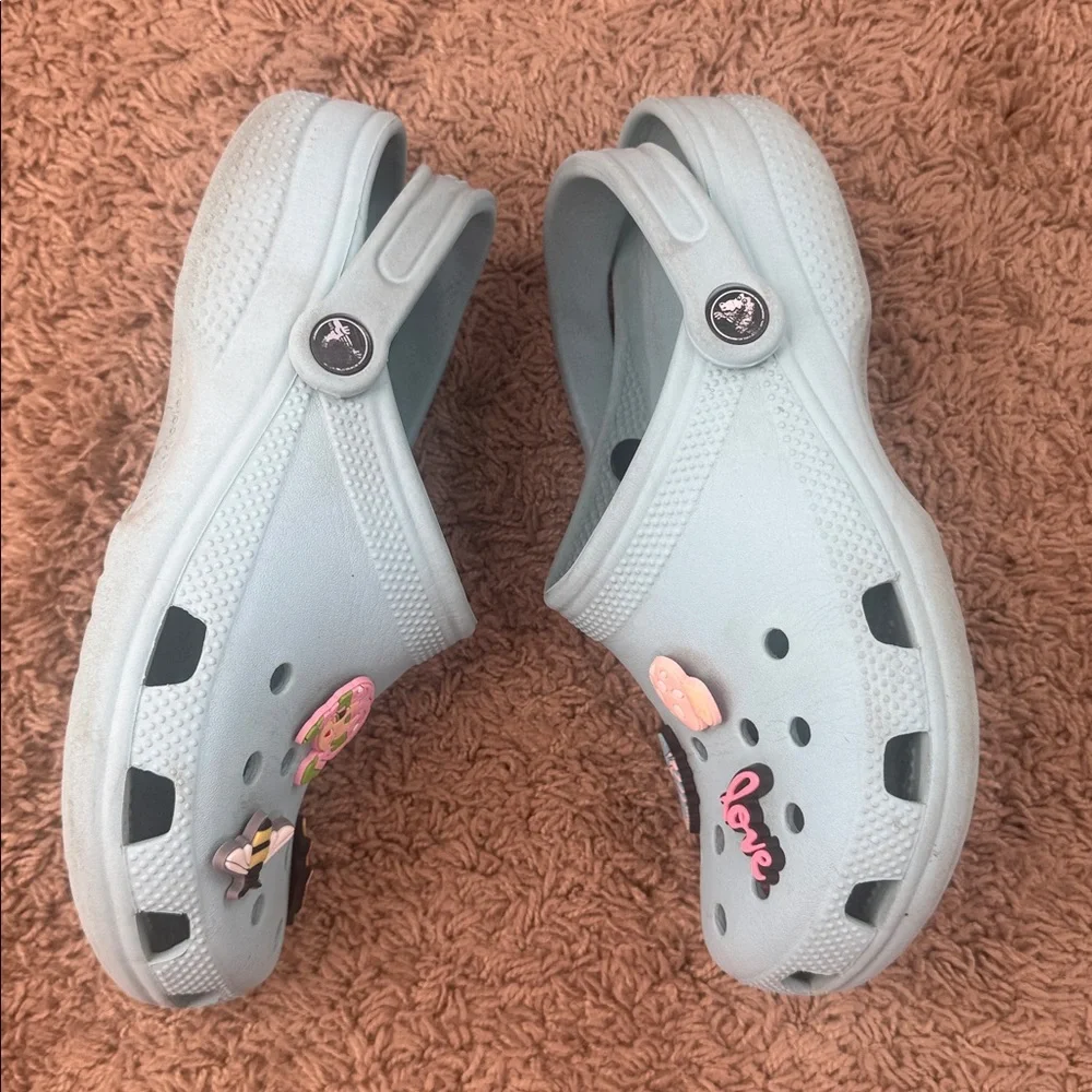 CROCS Kids Girls Sky Blue Clogs with Playful Charms Size J5